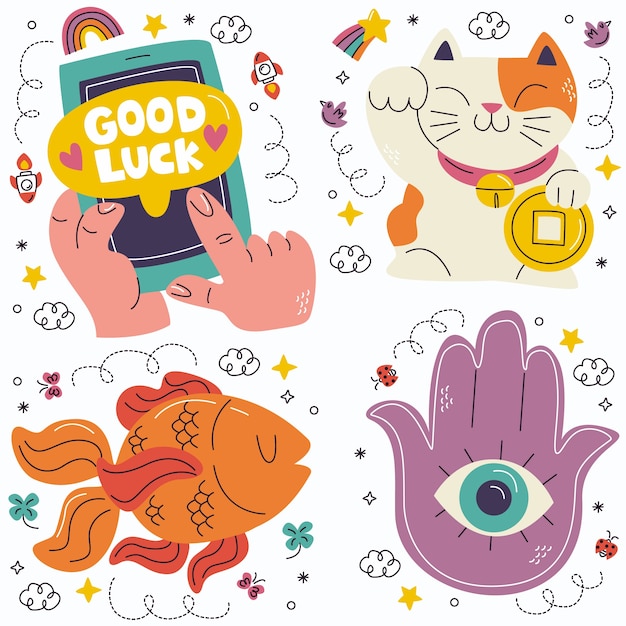 Free vector doodle luck stickers collection