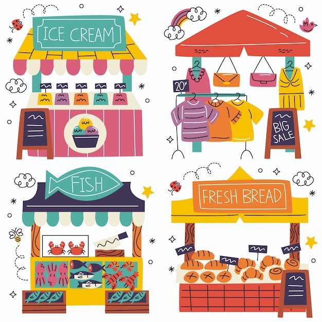 Free vector doodle market stickers collection