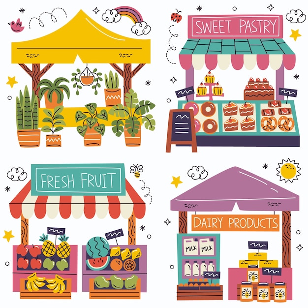 Free vector doodle market stickers collection