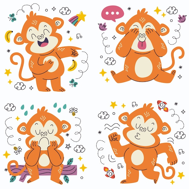 Free vector doodle monkey emoticons stickers collection