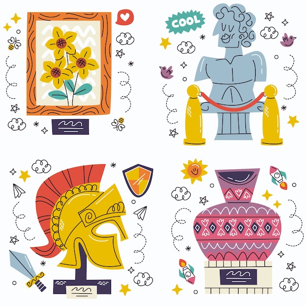 Free vector doodle museums stickers collection