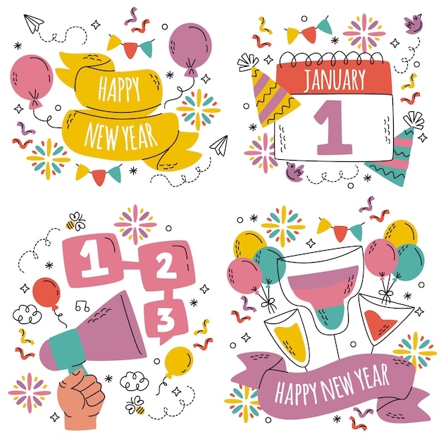 Free vector doodle new year party sticker pack