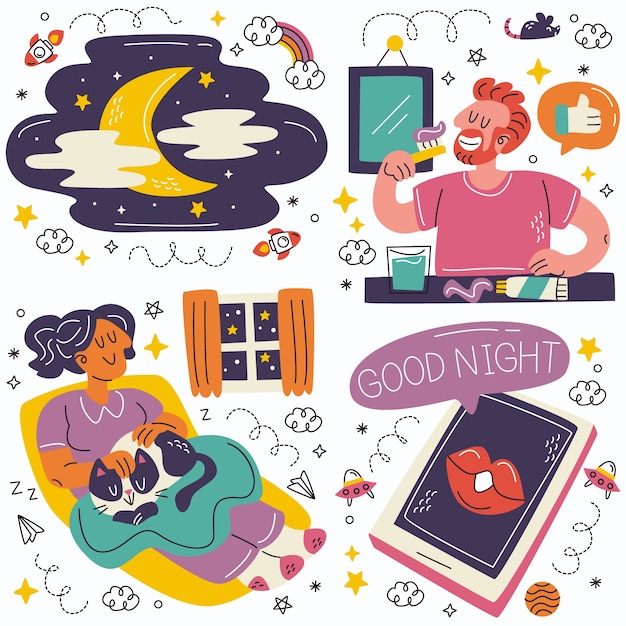 Free vector doodle night stickers collection