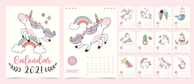 Набор каракули пастельный календарь 2021 с единорогом, радугой, мороженым для детей. может использоваться для печати графики