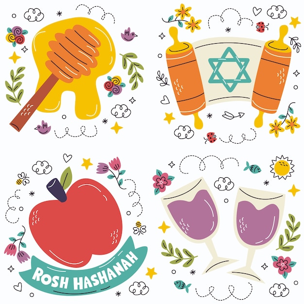 Free vector doodle rosh hashanah stickers collection