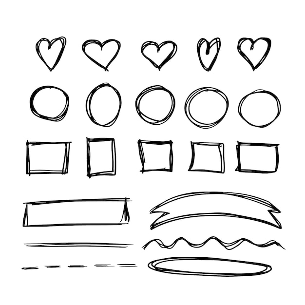 Free vector doodle shapes set with hearts, circles, square frames and ribbons