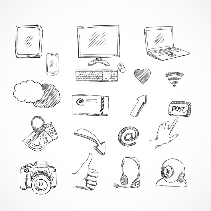Free Vector doodle social media icons set of network communications for blog isolated 