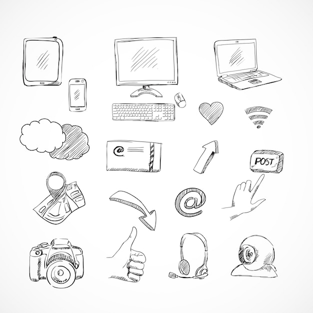 Doodle social media icons set of network communications for blog isolated 