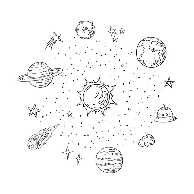宇宙彗星は地球とロケット銀河天文学を漫画風のイラストで プレミアムベクター
