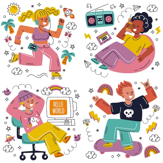 Free vector doodle style back to 90s stickers