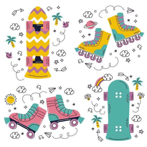 Doodle style sport items stickers set