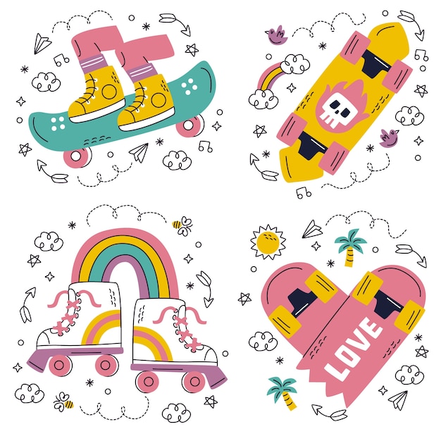 Doodle style sport items stickers set