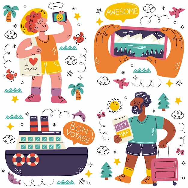 Free vector doodle tourism stickers collection