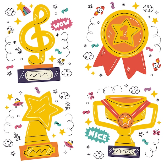 Free Vector doodle trophies and awards stickers collection