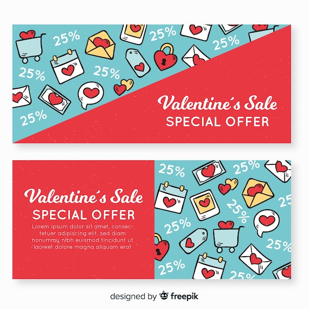 Vettore gratuito doodle banner di vendita di san valentino