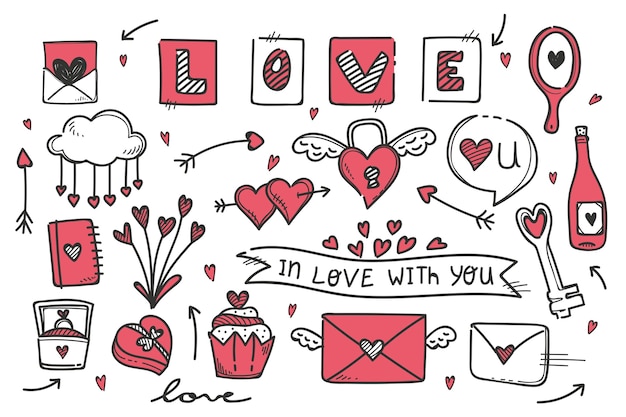 Vettore gratuito doodle collezione di elementi di san valentino