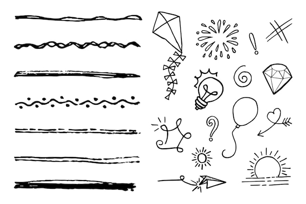 手描き​の​線画​スタイル​の​ベクトル​で​ベクトル​セット​イラスト​を​落書き​。​クラウン​、​キング​、​太陽​、​矢​、​ハート​、​愛​、​星​、​渦巻き​、​急降下​、​強調​、​コンセプト​デザイン