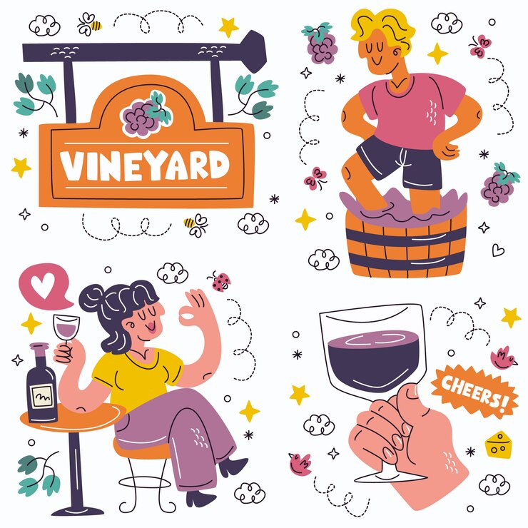Free Vector doodle wine stickers collection