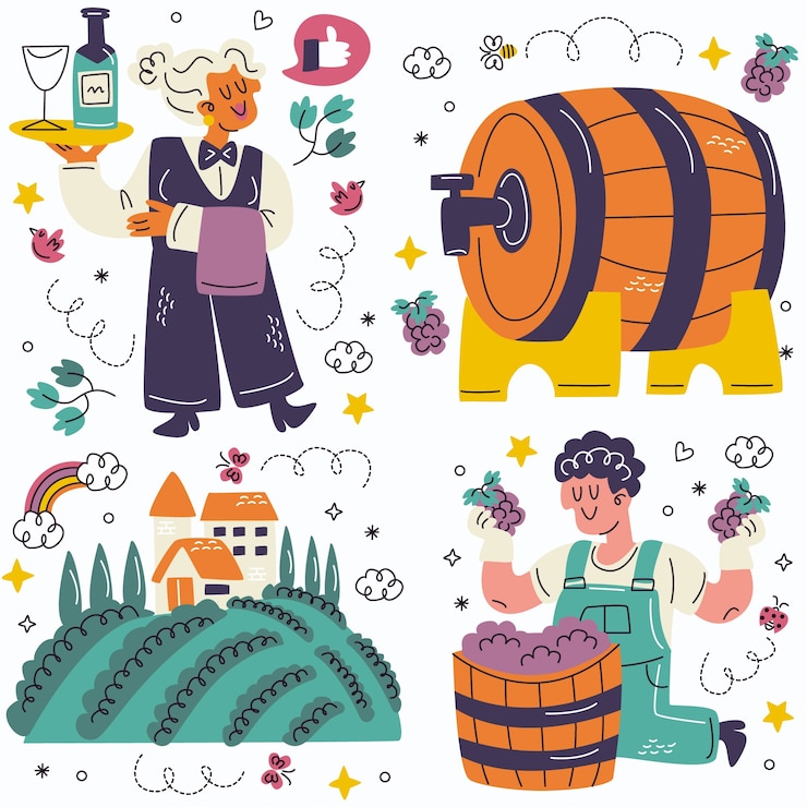 Free Vector doodle wine stickers collection
