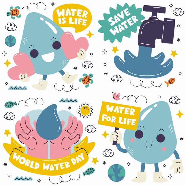 Free Vector doodle world water day stickers collection