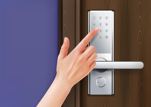 Door knobs handles realistic composition with human hand with finger touching digital dial pad of handle illustration