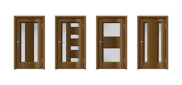 Дверной реалистичный набор из четырех изолированных деревянных дверей с коричневой деревянной поверхностью и векторной иллюстрацией различных конфигураций окон