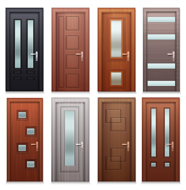 Free vector door set with realistic isolated images of modern room door models with handles on blank background vector illustration