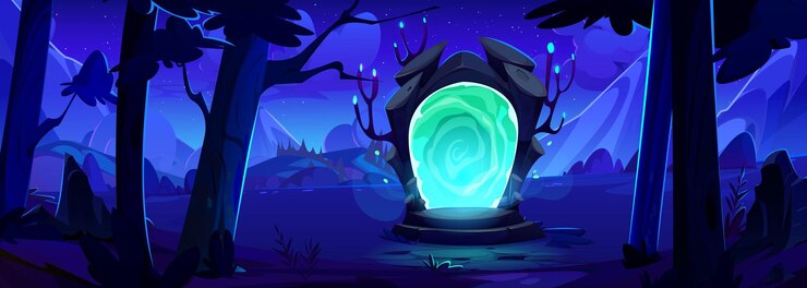 無料Vector 石のドアと魔法の緑色の光のポータル