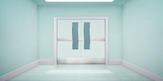 Doors in laboratory kitchen hospital or school corridor empty interior with double metal doorway