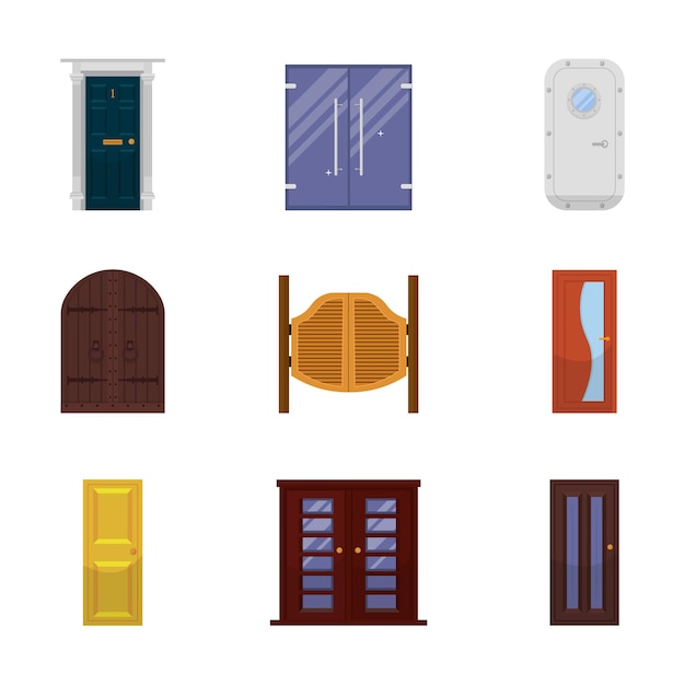 Doors set modern houses glass metal and ancient wooden door isolated cliparts pack on white background Medieval castle western saloon antique gates design element