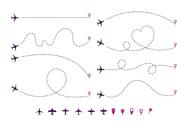 점선 비행기 궤적 만화 그림 세트입니다. 비행기의 경로 또는 방법, 목적지 또는 위치 표시가 있는 하트 모양의 제트기, 선 또는 원. 여행, 거리, 경로 개념