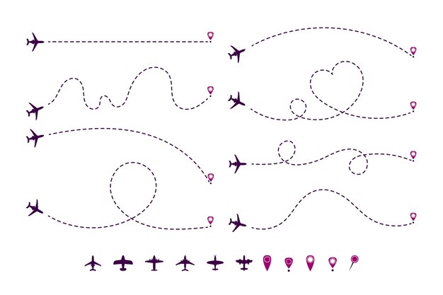 점선 비행기 궤적 만화 그림 세트입니다. 비행기의 경로 또는 방법, 목적지 또는 위치 표시가 있는 하트 모양의 제트기, 선 또는 원. 여행, 거리, 경로 개념