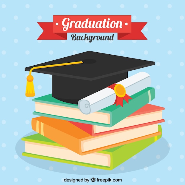 Dotted background with books and graduation elements in flat design