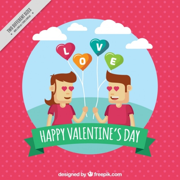 Dotted background with couple in love holding balloons