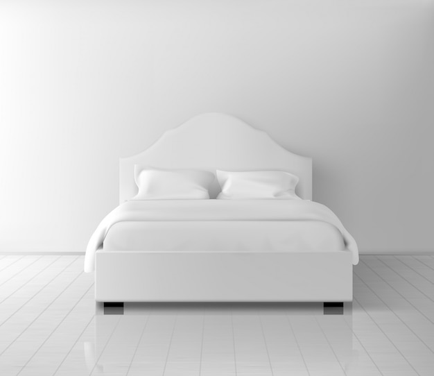 Двуспальная кровать с двумя колоннами и одеялом из белого льняного постельного белья, стоящего на доске, ламинат у стены реалистично