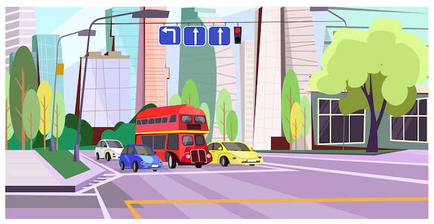 Double-decker bus and cars at red light illustration