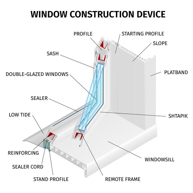 Double glazed window construction device infographics illustration including sealer cord remote frame windowsill shtapik platband elements isometric illustration