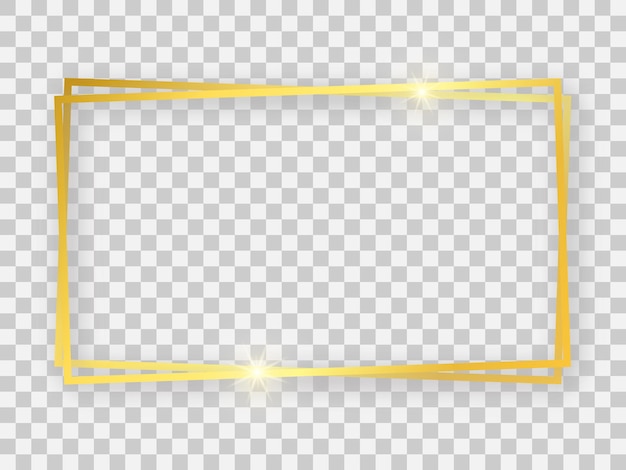 Двойная золотая блестящая прямоугольная рамка 16x9 со светящимися эффектами и тенями на прозрачном фоне. векторная иллюстрация