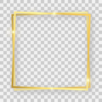 Двойная золотая блестящая квадратная рамка со светящимися эффектами и тенями на прозрачном фоне. векторная иллюстрация
