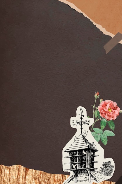 Двойная моховая роза и скворечник на фоне рваной коричневой бумаги