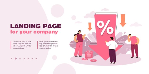 Down arrow with percentage decrease. Characters upset about profit reduction flat vector illustration. Financial loss, percent drop, discount concept for banner, website design or landing web page