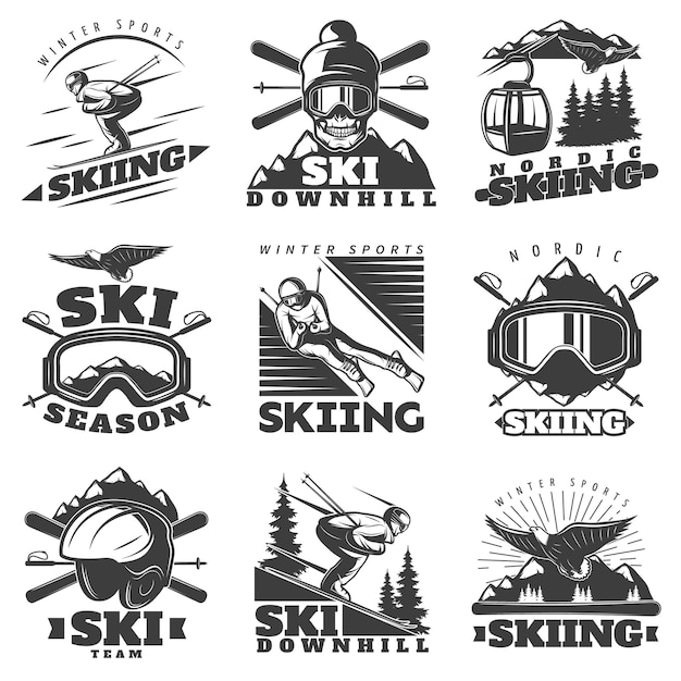 Downhill Skiing Labels Set