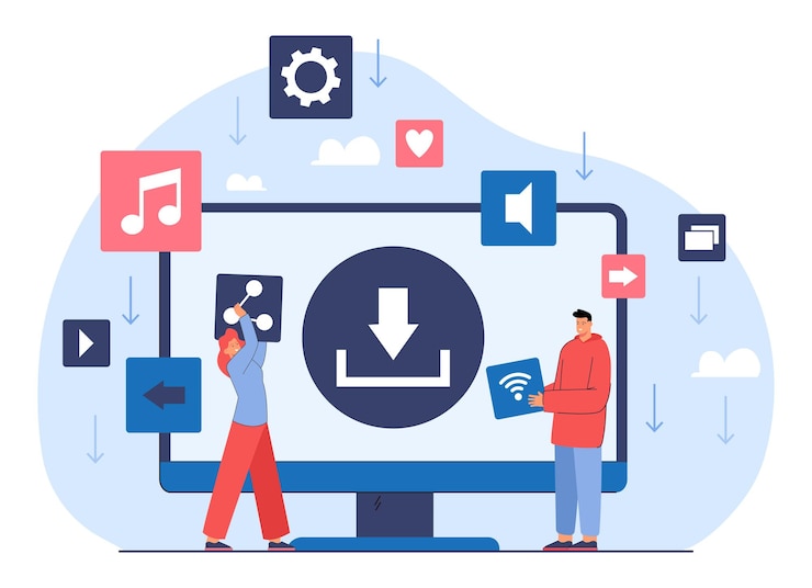 Free Vector download button on computer screen and people transferring files. uploading digital data: videos or films, music, documents flat vector illustration. multimedia, piracy, internet concept for banner