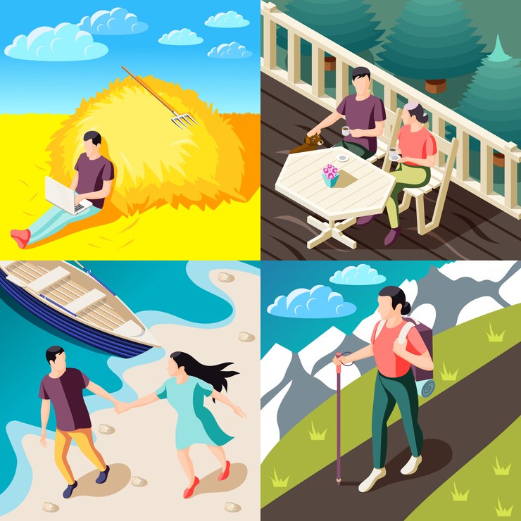 Free Vector downshifting escaping stress concept 4  isometric compositions with people enjoying nature traveling working relaxing outdoor