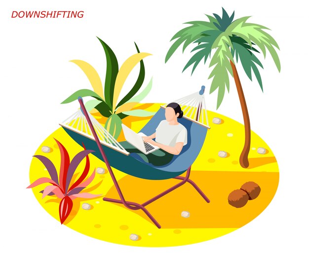 Downshifting stress escaping people isometric composition with woman relaxing while working on beach under palm