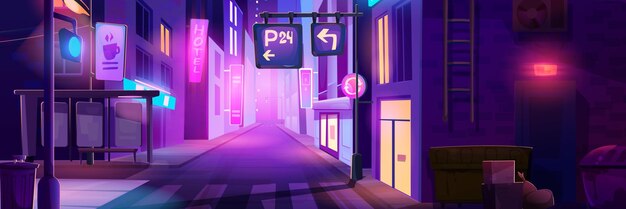 ネオンで夜にダウンタウンの街の風景