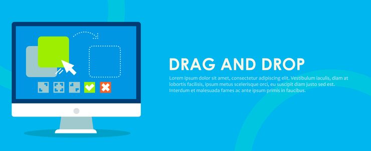 무료 Vector 배너를 드래그 앤 드롭합니다. 프로그램 및 사이트 구성 설정 기능이있는 컴퓨터.
