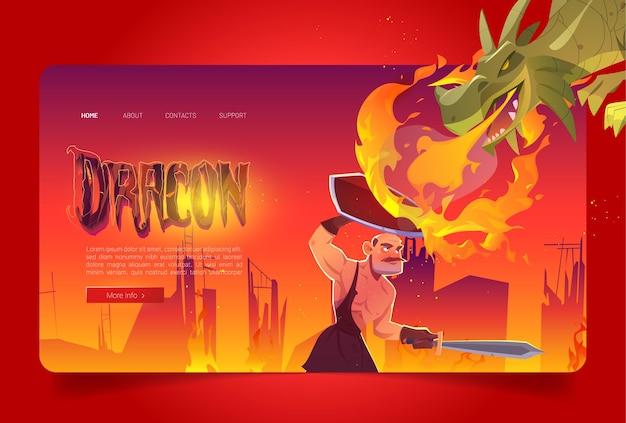 Free vector dragon attack knight cartoon landing page