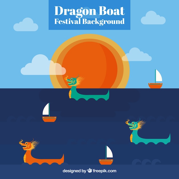 Free vector dragon boat festival background with sun and clouds