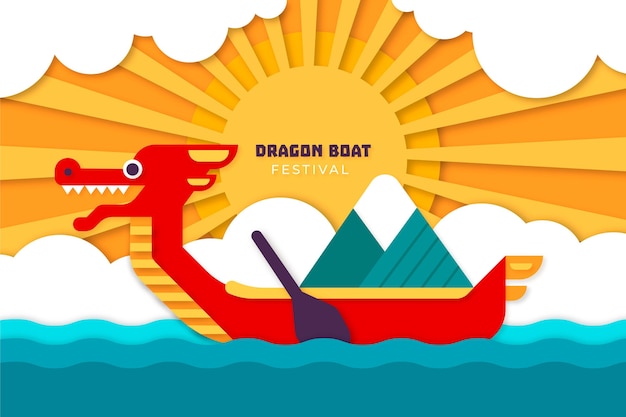 Free vector dragon boat in paper style background